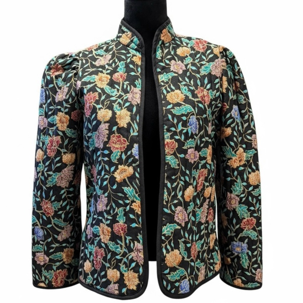 Women's Vintage Floral Quilted Puffer Jacket Blazer Black Trim Size Small